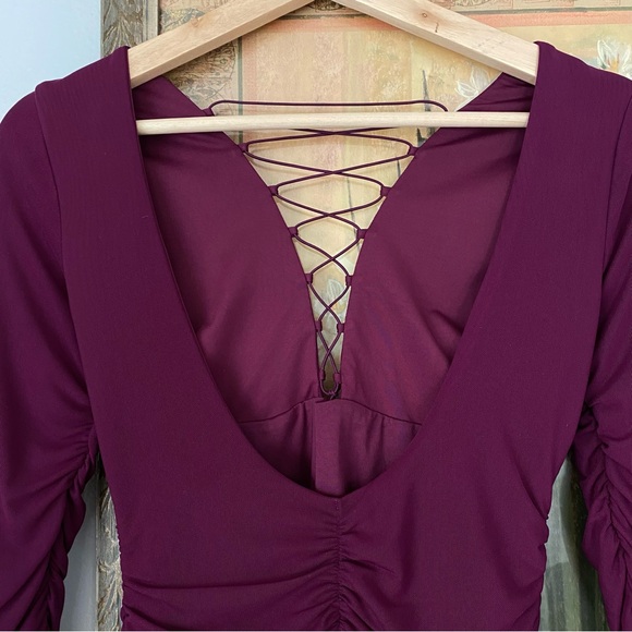 Oh Polly Mini Dress Womens Purple Wine Lace Up Ruched Long Sleeve Bodycon Size 4 - Picture 12 of 13